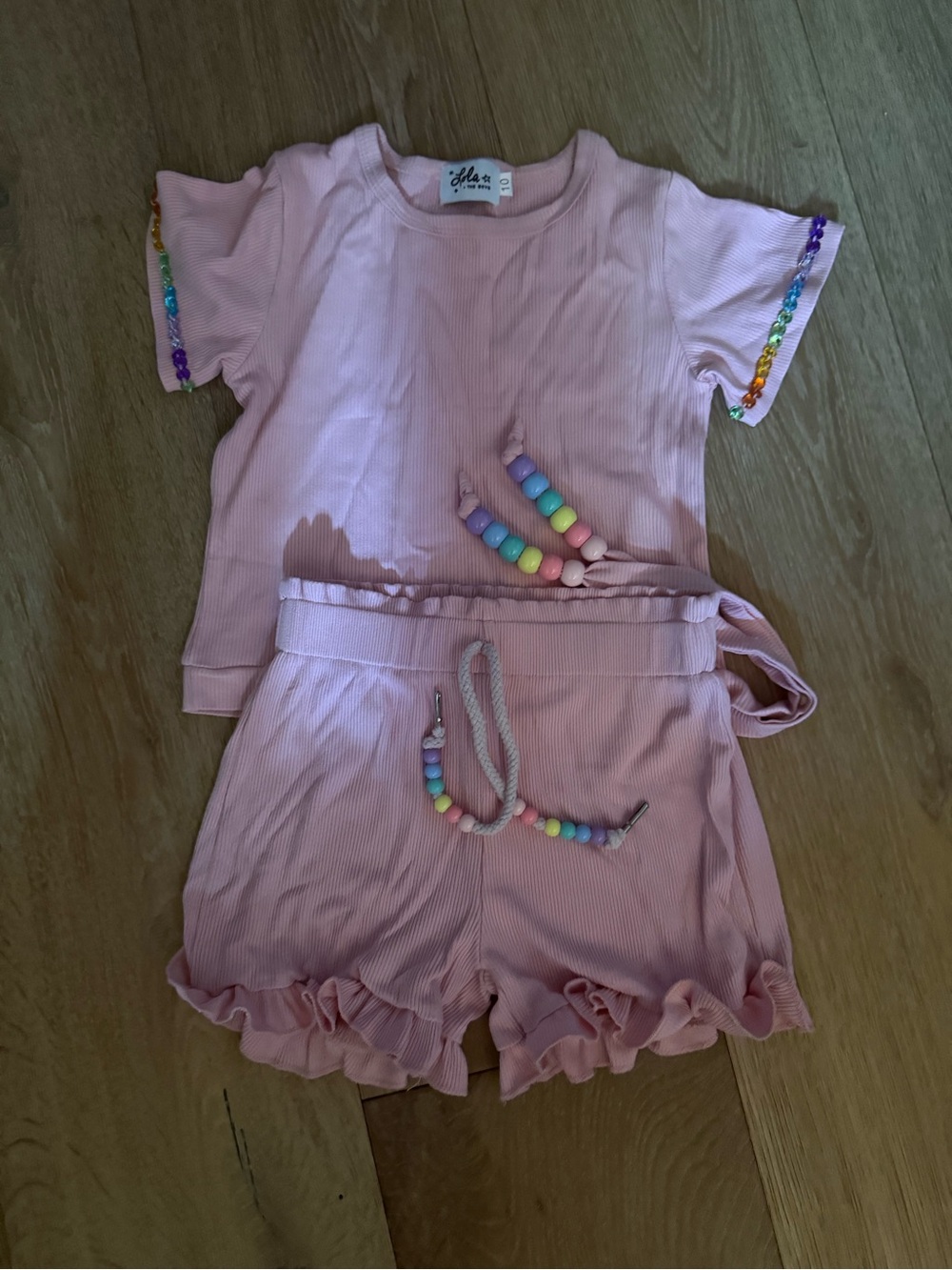 Lola + The Boys Pink Ribbed Short Sleeve Pajama Set with Rainbow Bead Trim